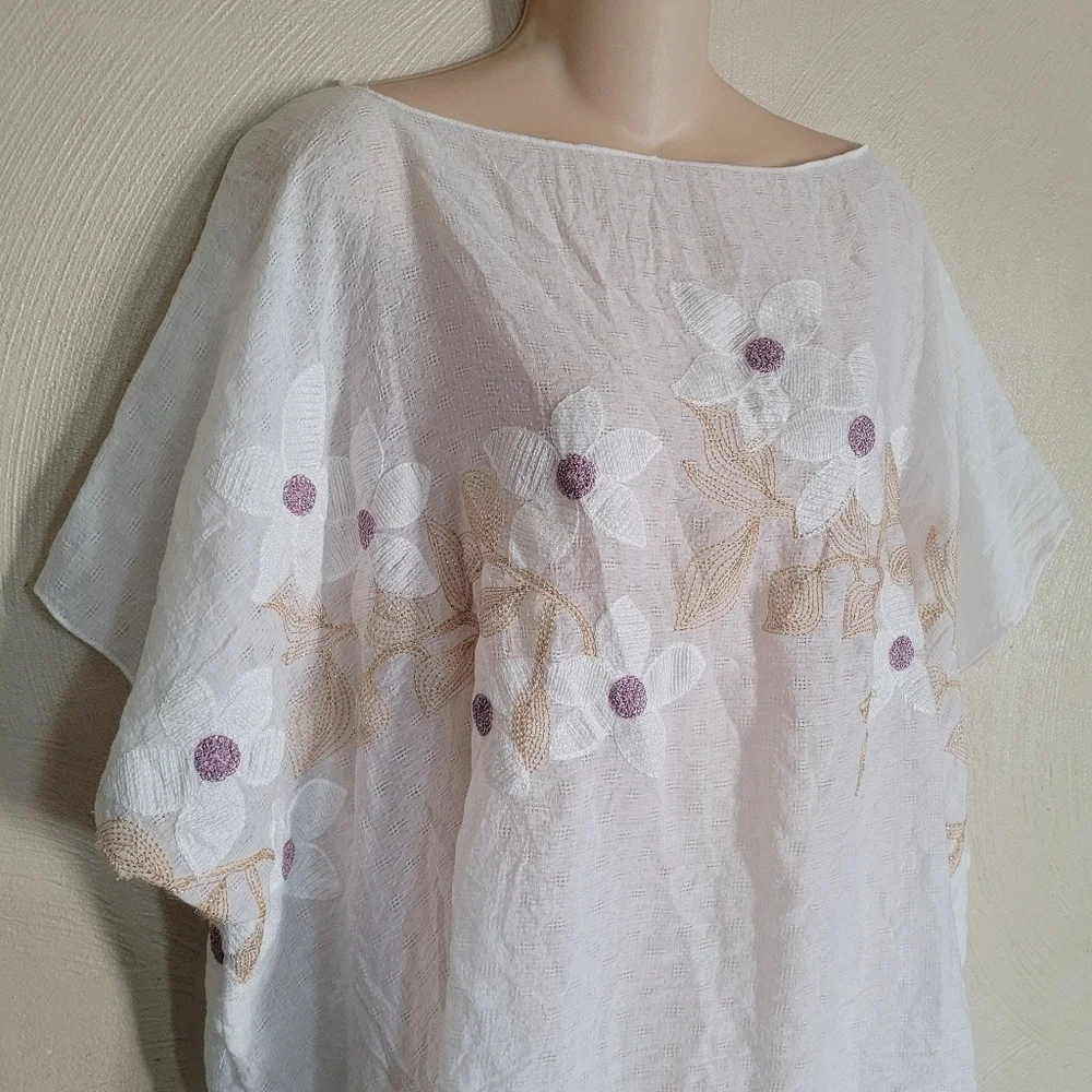 Memories Fashion Ivory Swim Cover Up Poncho with Floral Embroidery One Size